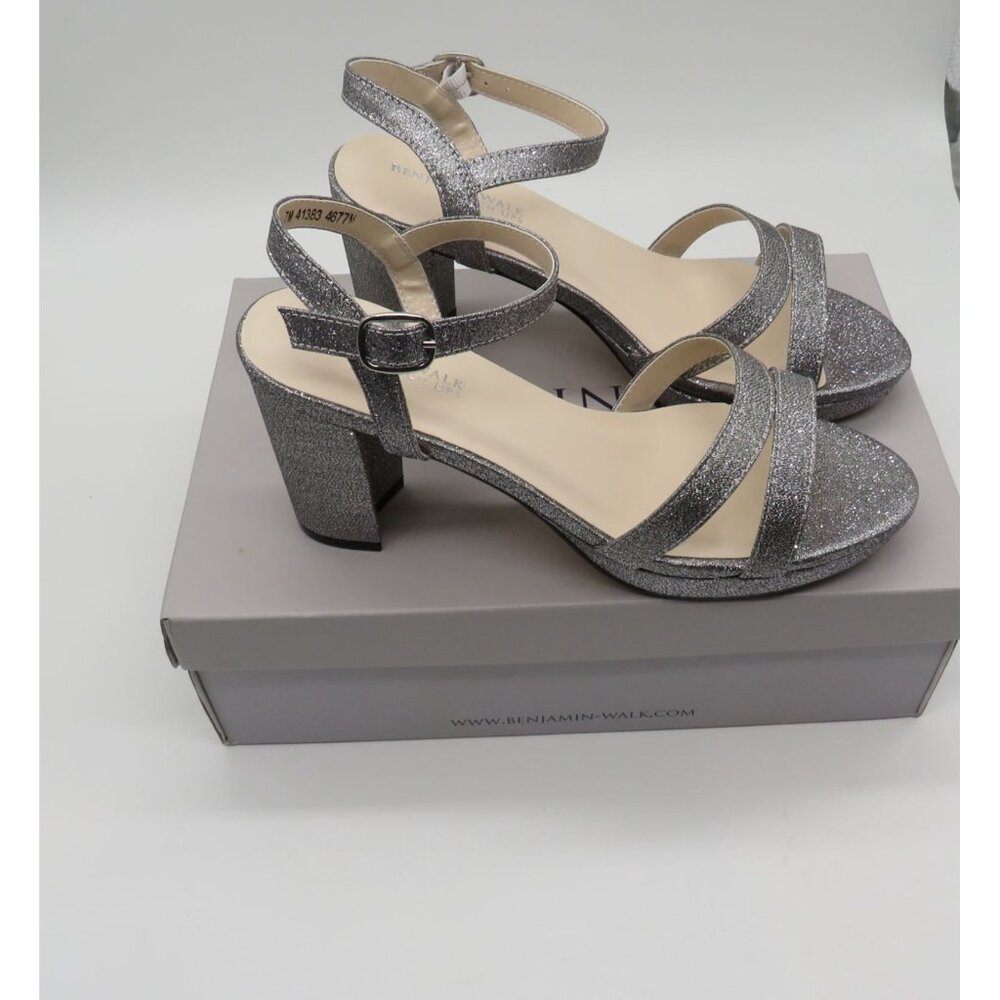 Benjamin Walk Silver Glitter Block Heel Sandals Ankle Strap Buckle Closure 7 NEW